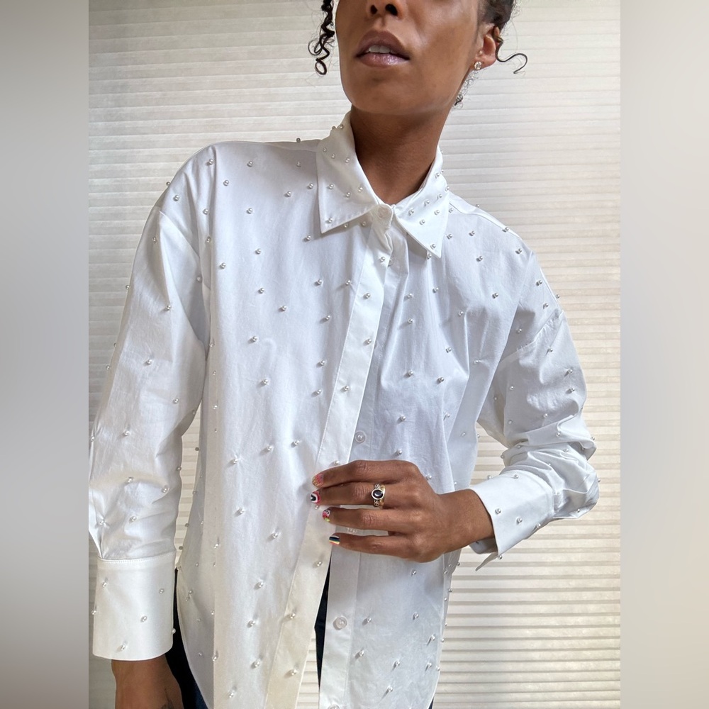 THEO “God’s Gift” Hand-Embellished Pearl Blouse NWT